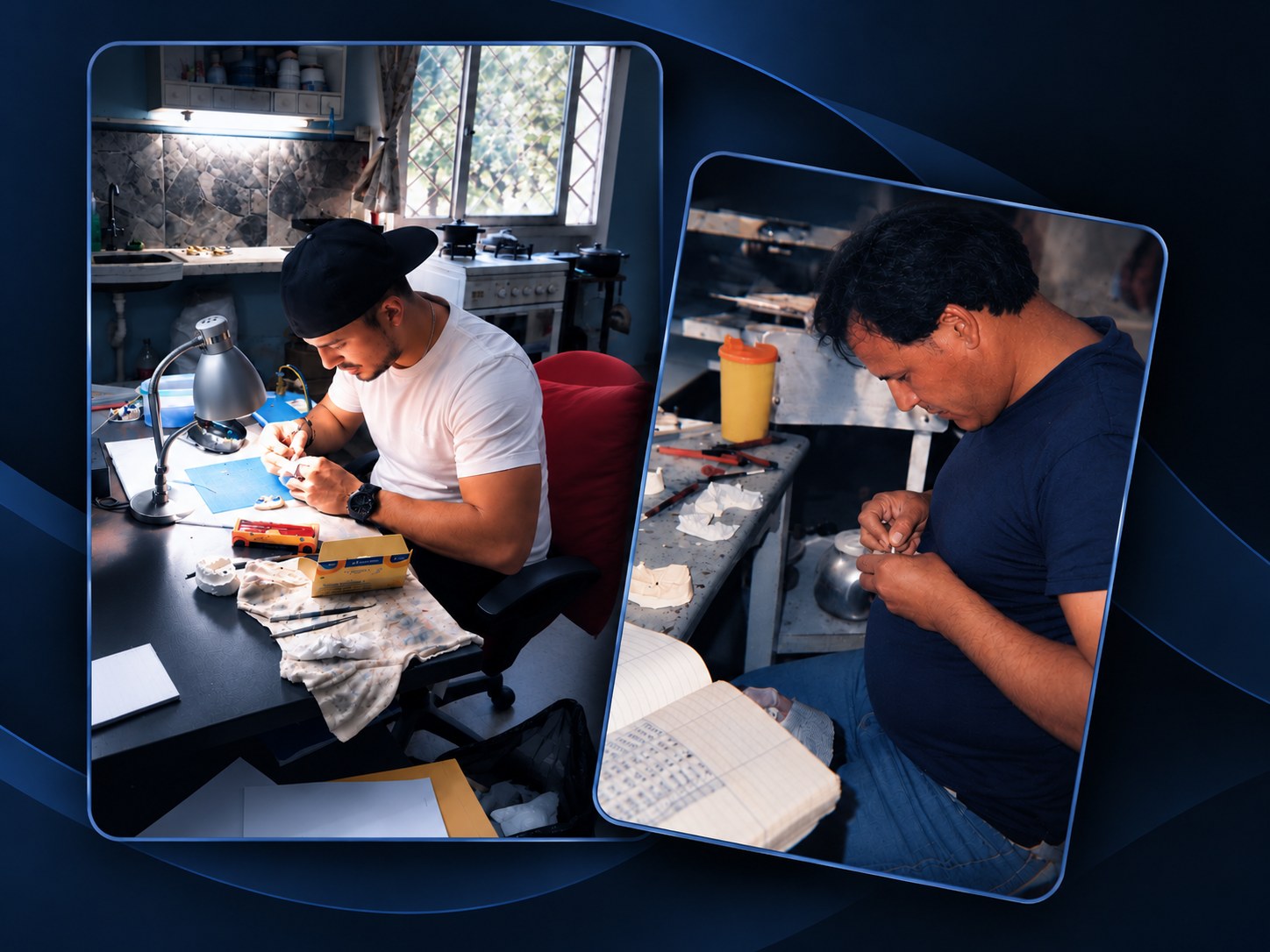 Christian Arias trabajando en su mesa del laboratorio, junto a una foto antigua de su padre Eduardo Arias trabajando una estructura